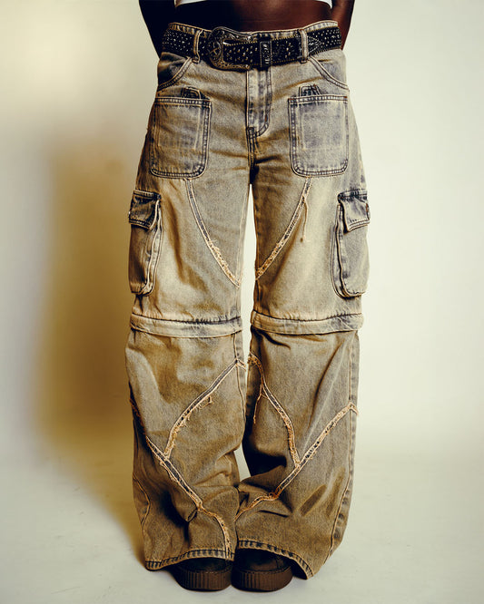 “The Wanderer” Distressed Unzippable Cargo Jeans